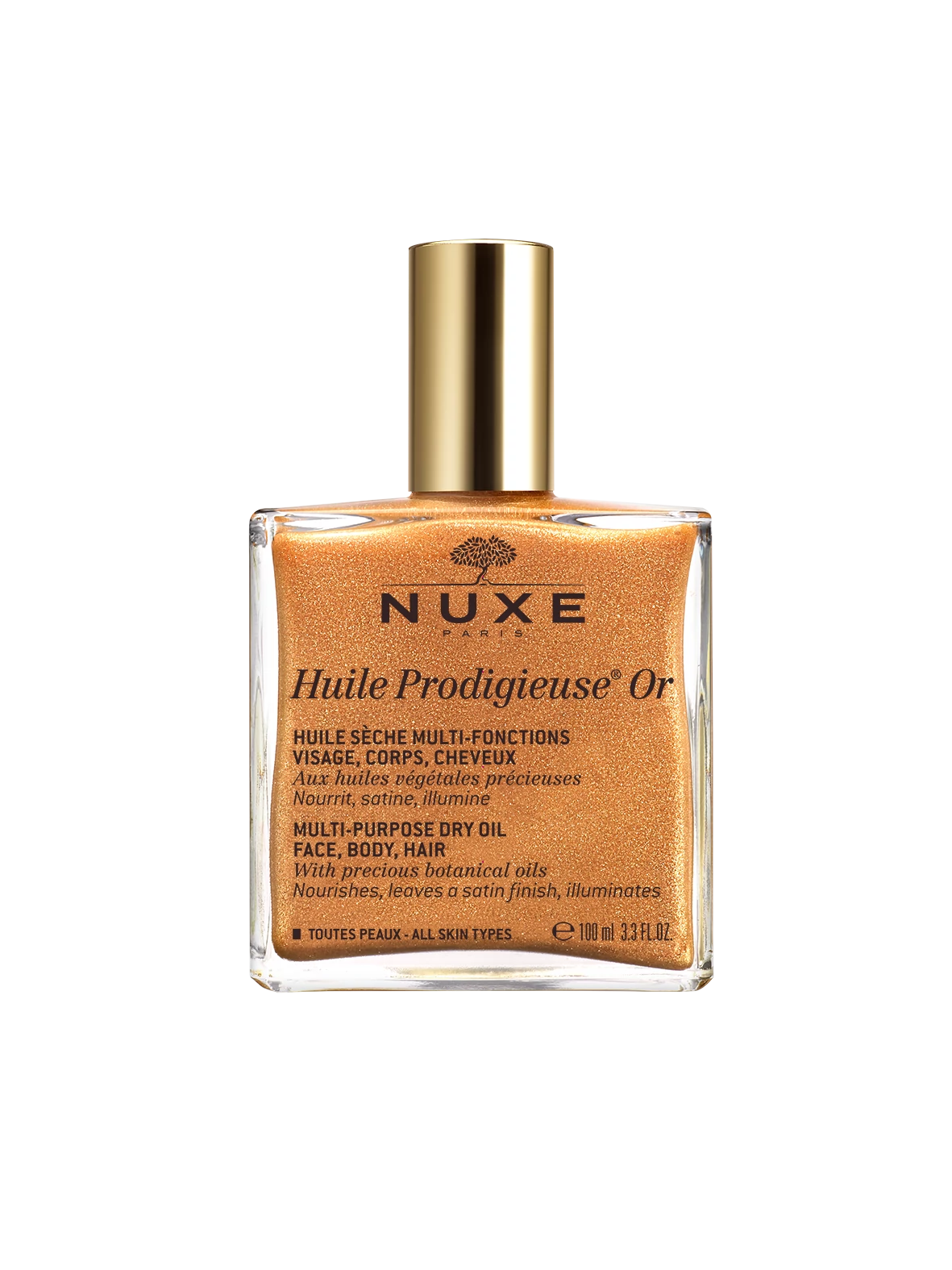 NUXE HUILE PRODIGIEUSE TÖBBFUNKCIÓS ARANY-CSILLÁMOS SZÁRAZOLAJ ARCRA, TESTRE ÉS HAJRA 100 ML
